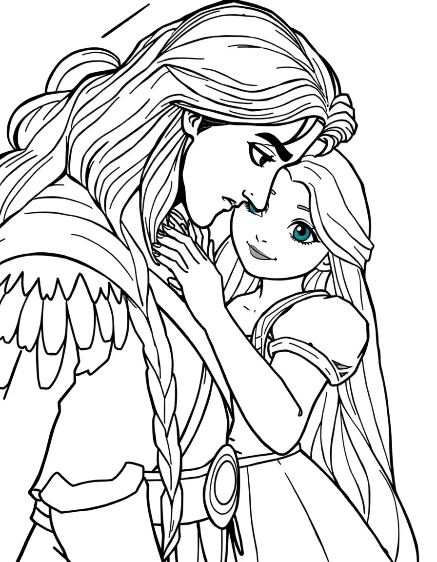 Rapunzel healing Flynn Rider with her hair.