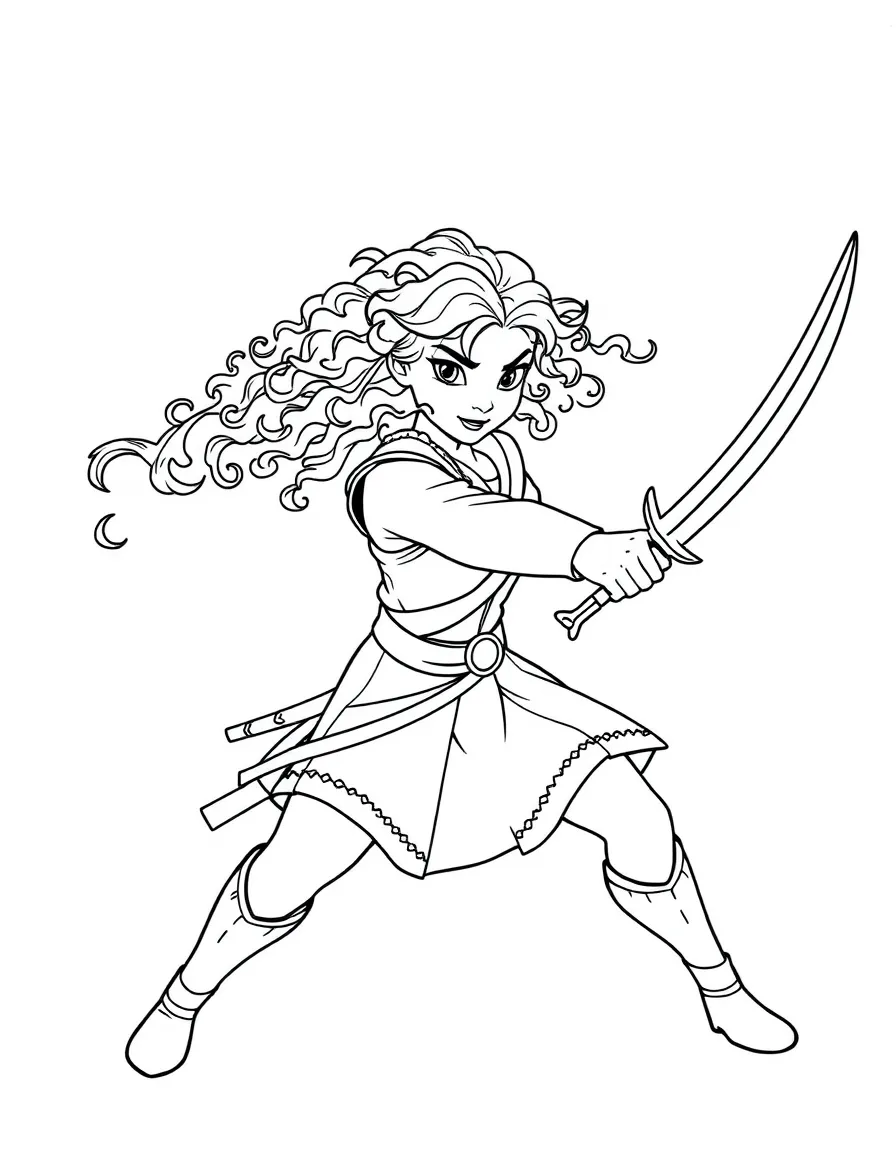 Merida practicing her sword fighting skills.