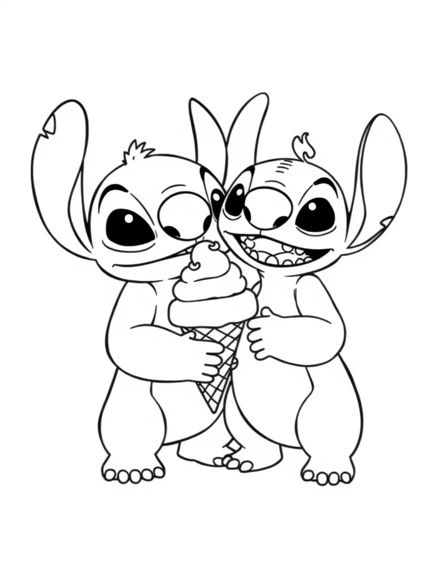 Lilo and Stitch sharing an ice cream cone.