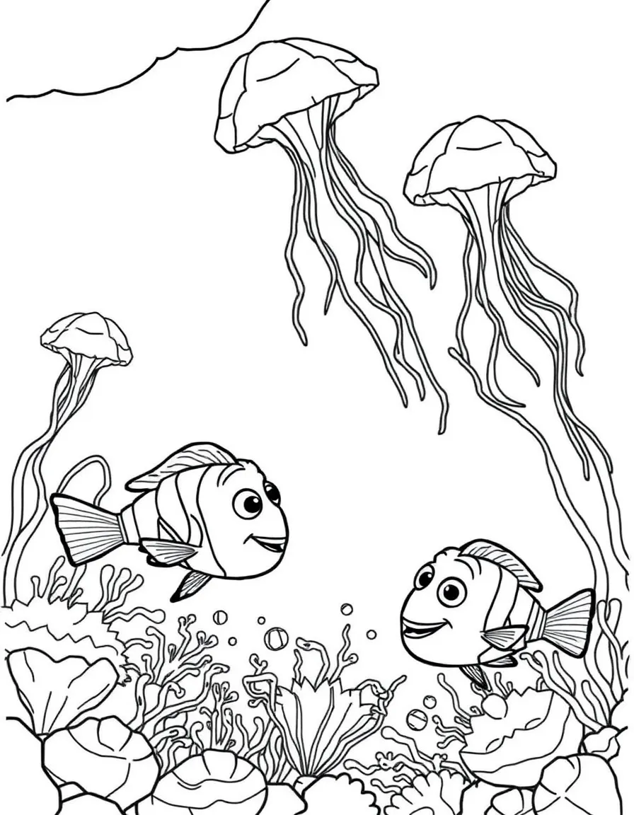 Nemo and Dory meeting a school of jellyfish.