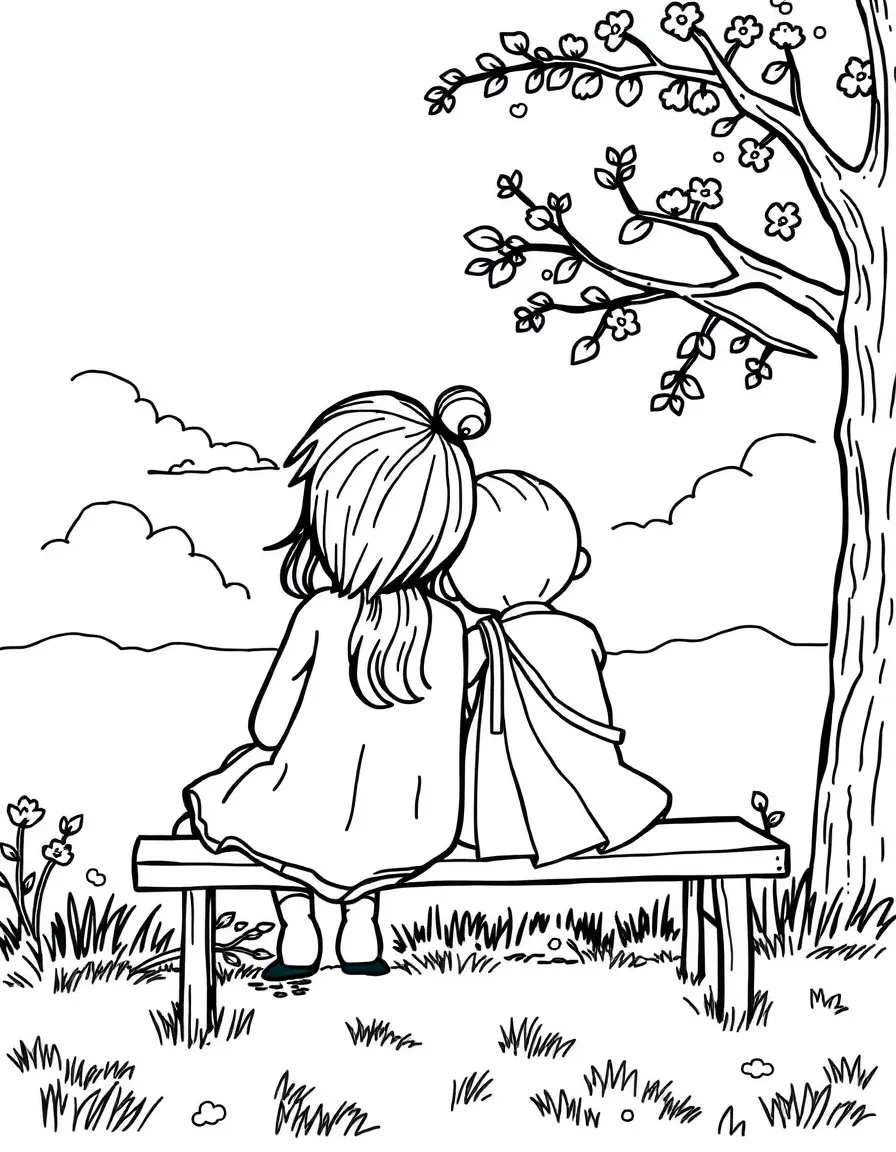 Joy and Sadness sitting on a bench, looking at the view.