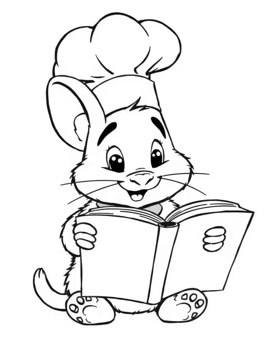 Remy looking at a cookbook, with a chef's hat.