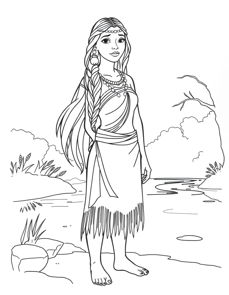 Pocahontas standing by a river, with reflections.
