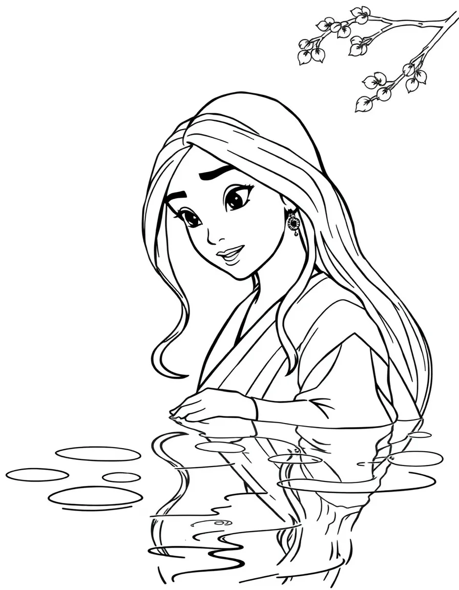 Mulan looking at her reflection in the water.