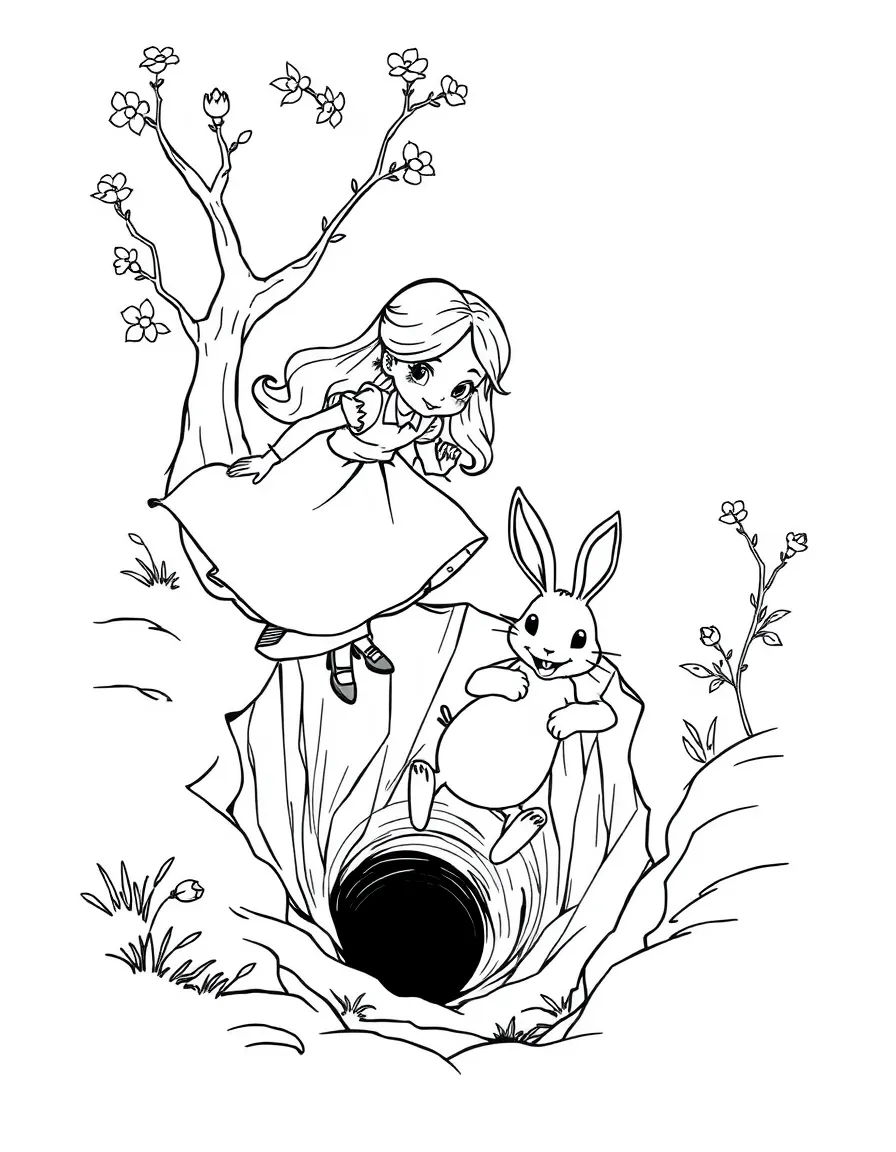 Alice chasing the White Rabbit down a hole.