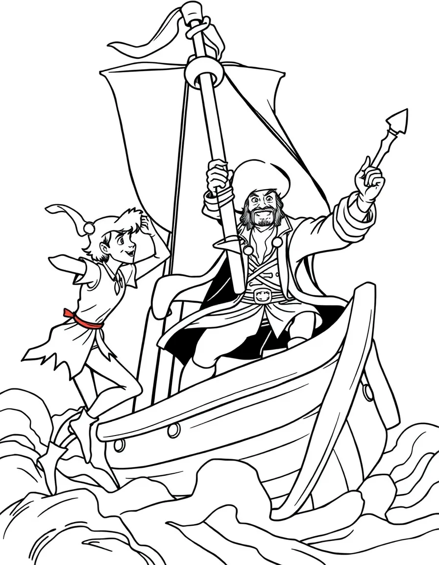 Peter Pan and Captain Hook fighting on the Jolly Roger.