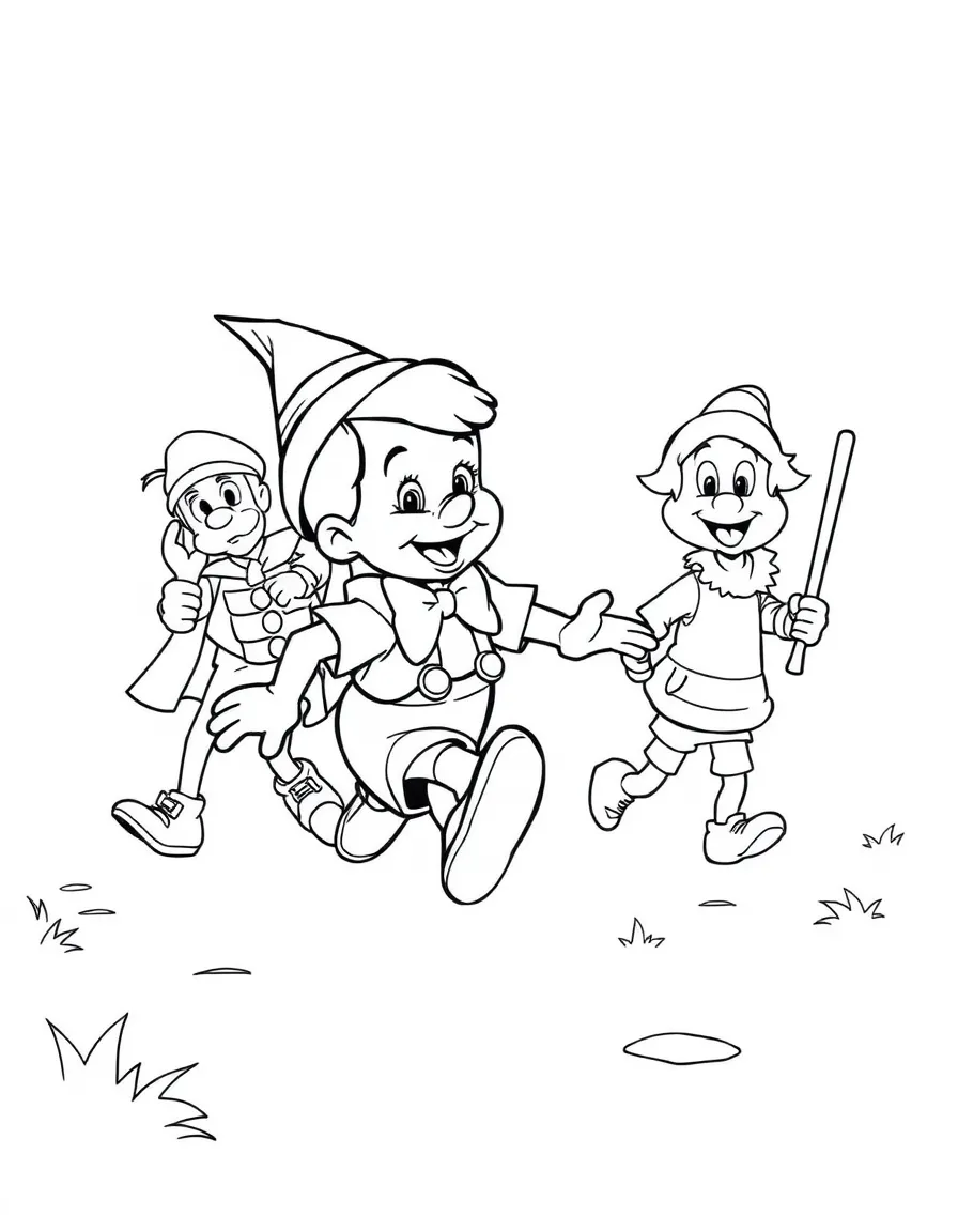Pinocchio running away from Honest John and Gideon.