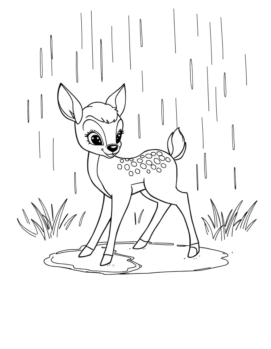 Bambi playing in the rain, with puddles.
