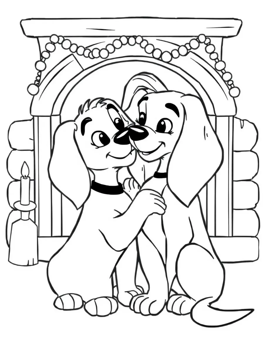 Lady and Tramp cuddling by the fireplace.