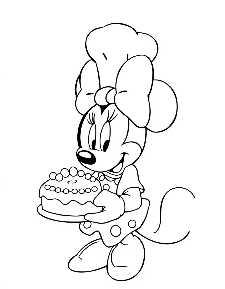 Minnie Mouse wearing a chef's hat, holding a cake.