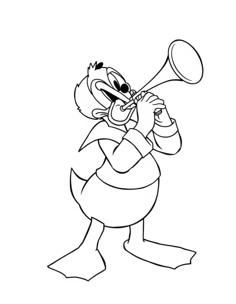 Donald Duck playing the trumpet, looking proud.