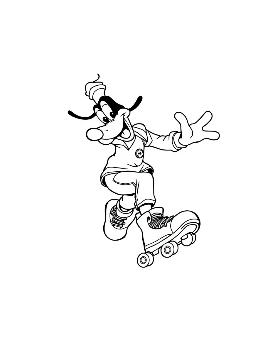 Goofy trying to rollerskate, falling down.