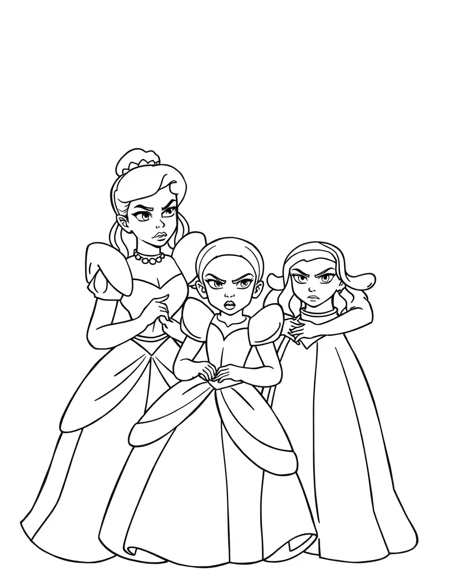 Cinderella's stepmother and stepsisters looking angry.