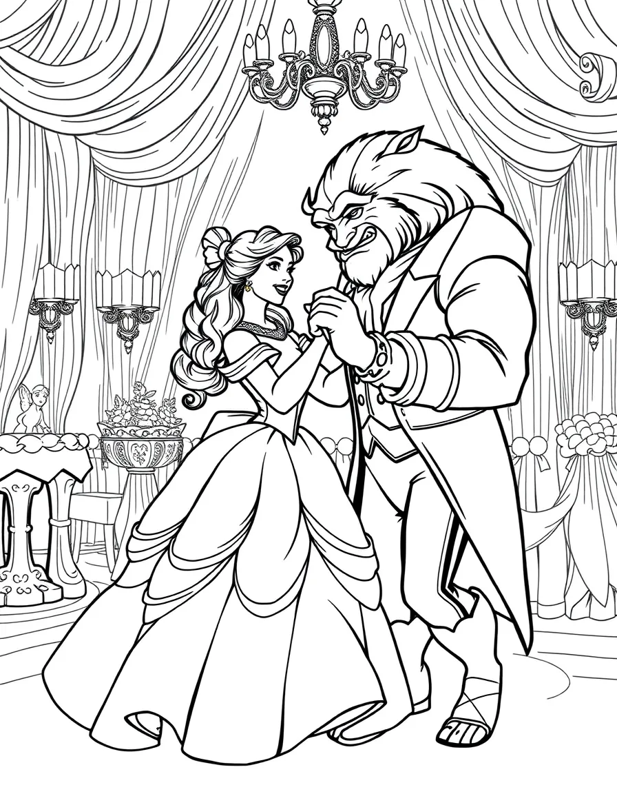 Belle and Beast waltzing in the ballroom.