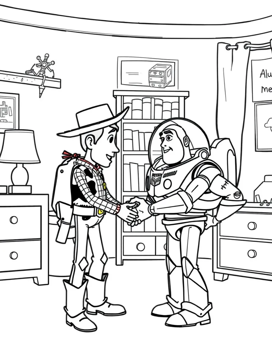 Woody and Buzz shaking hands in Andy's room.