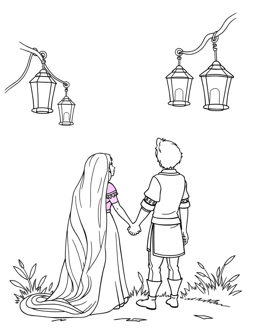 Rapunzel and Flynn watching the lanterns, holding hands.