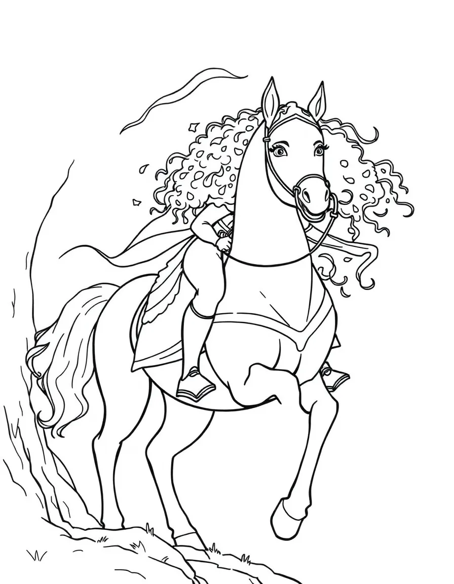 Merida riding her horse, with the Will o' the Wisps.
