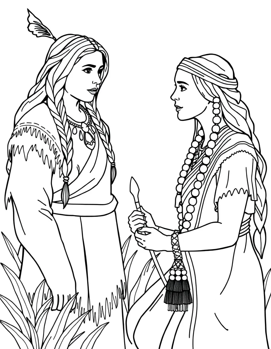 Pocahontas teaching John Smith about her culture.