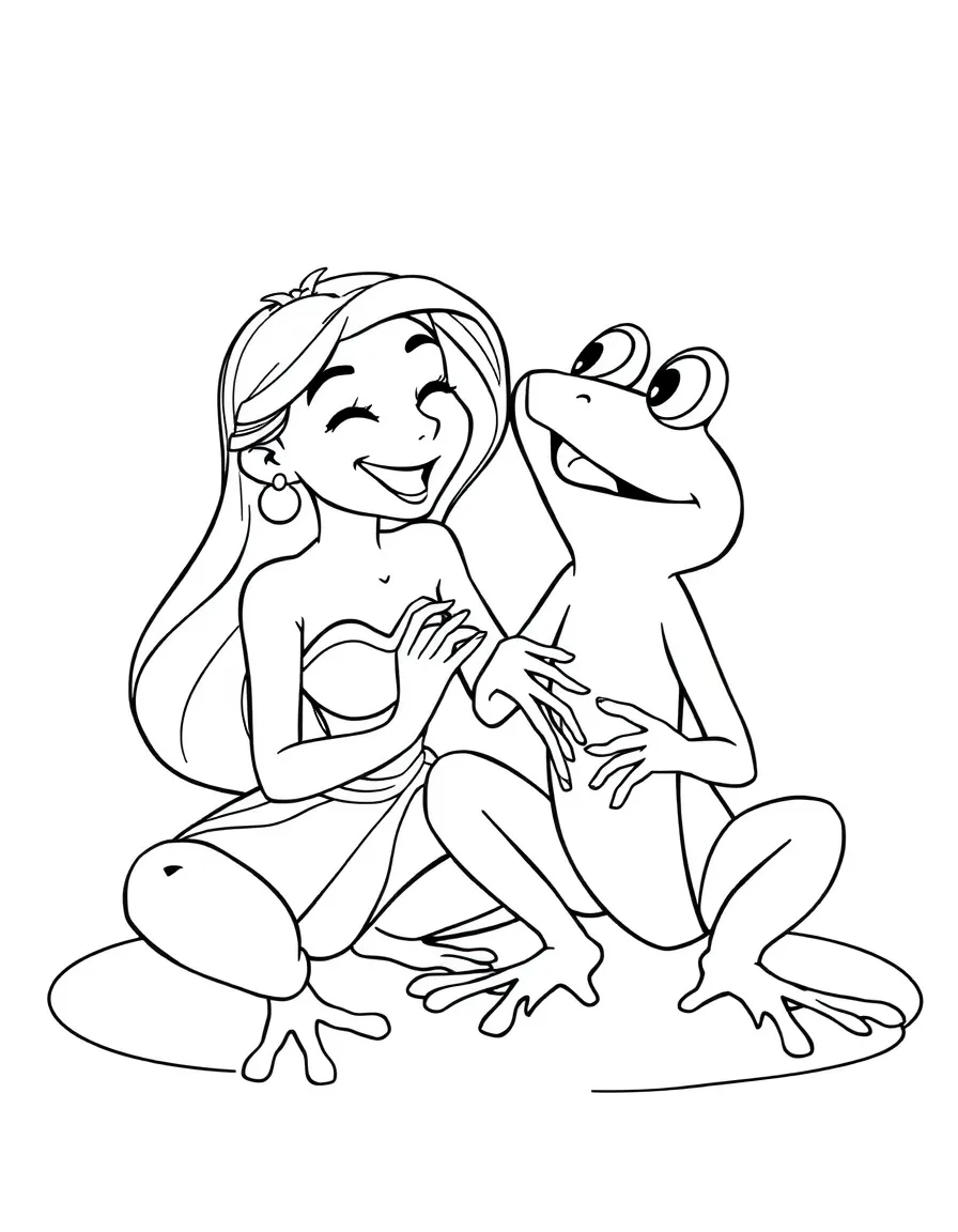 Tiana and Naveen as frogs, laughing together.