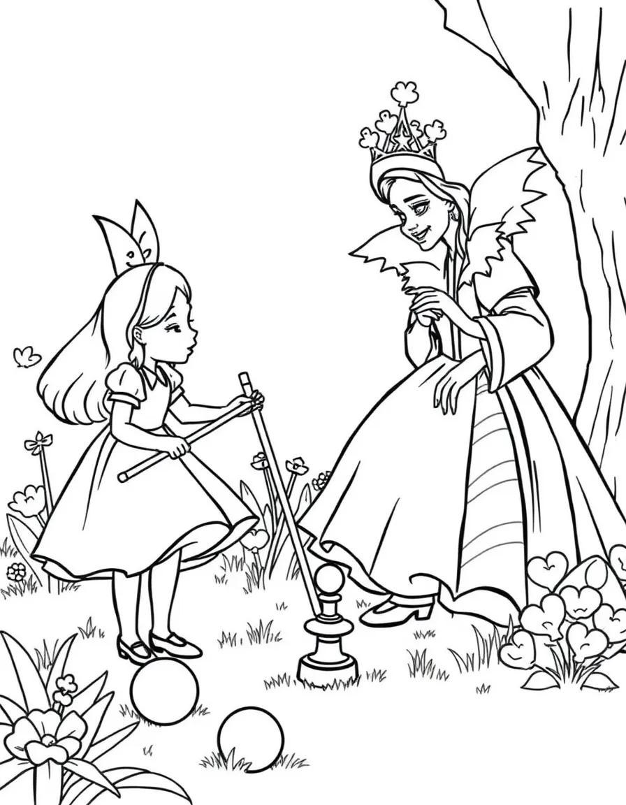 Alice playing croquet with the Queen of Hearts.