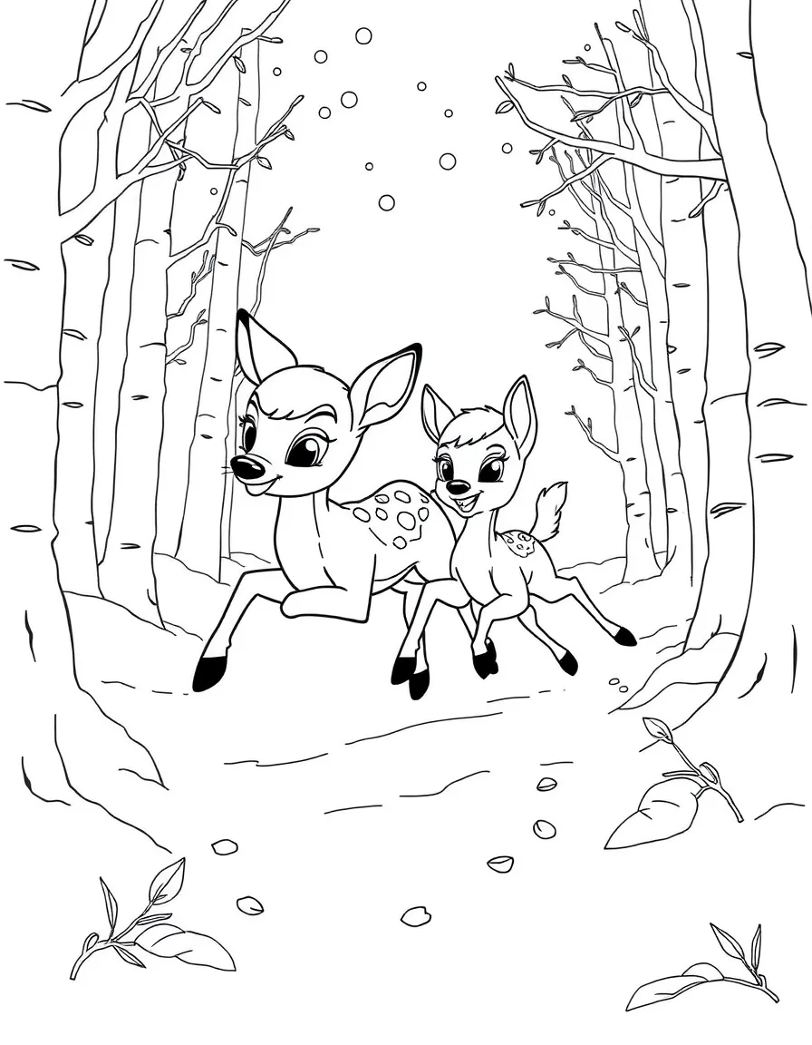 Bambi and Faline running through a snowy forest.