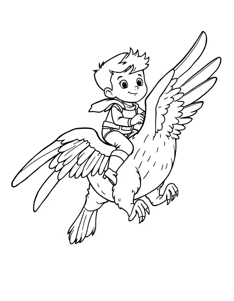 Cody riding on Marahute's back, soaring.