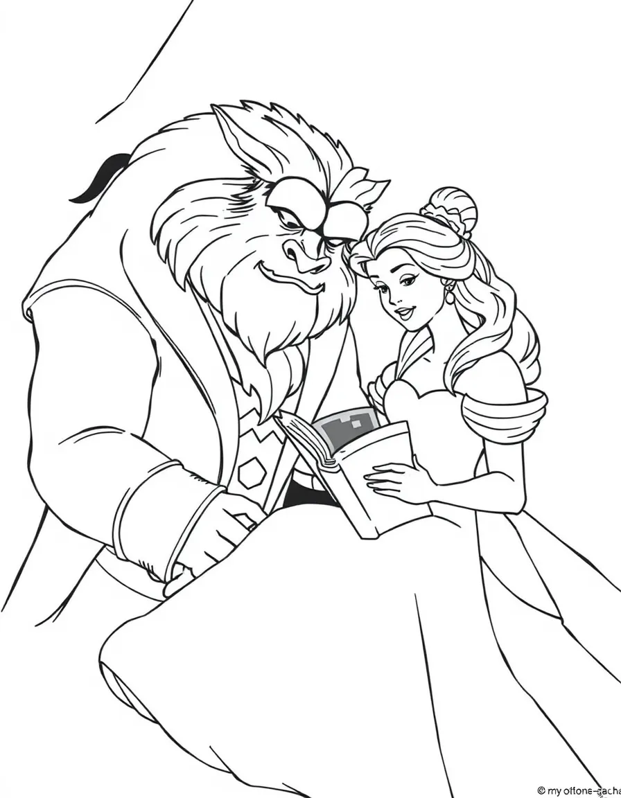 Belle reading a book to the Beast, who is listening.