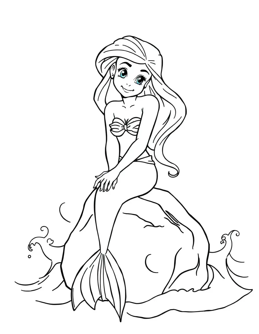 Ariel sitting on a rock, with waves crashing around her.