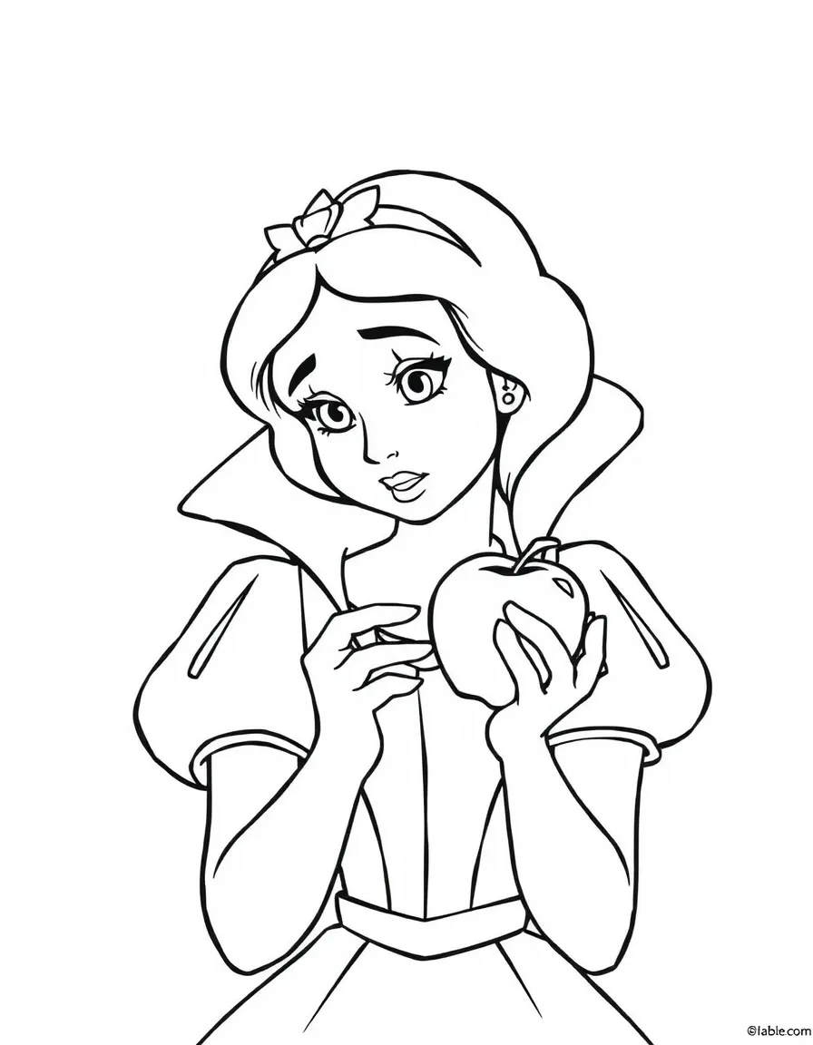 Snow White eating a poisoned apple, looking confused.