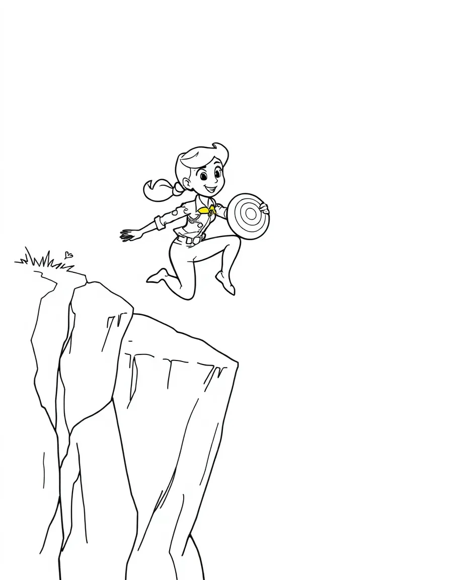 Jessie jumping off a cliff with Bullseye.