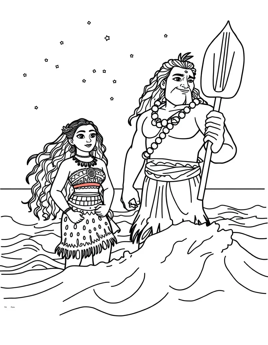 Moana and Maui on the open ocean, with constellations.