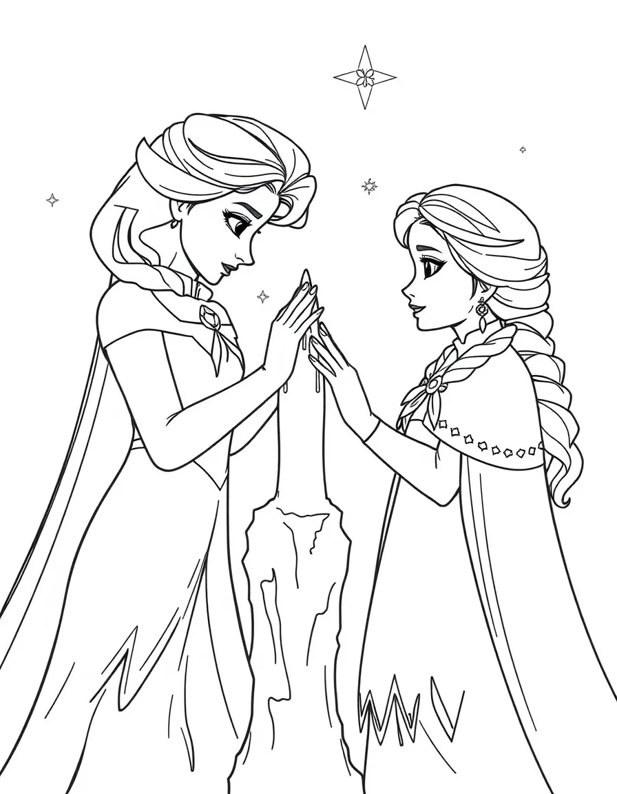Elsa creating ice statues of herself and Anna.