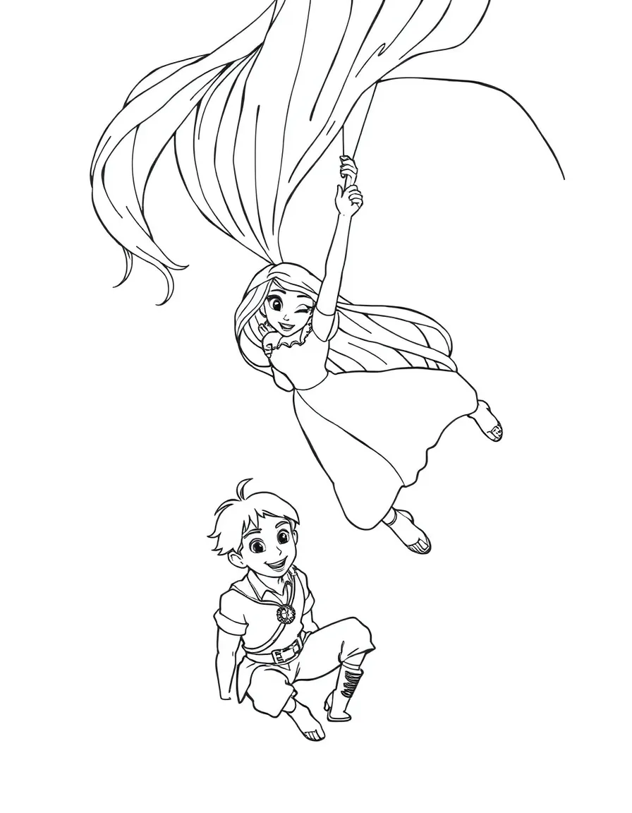 Rapunzel swinging from her hair, with Flynn below.