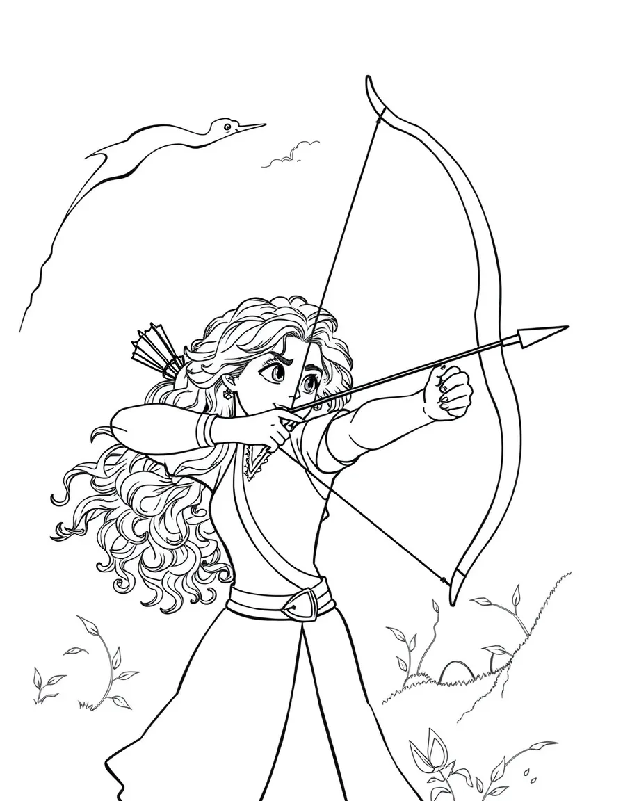 Merida aiming her bow and arrow at a distant target.