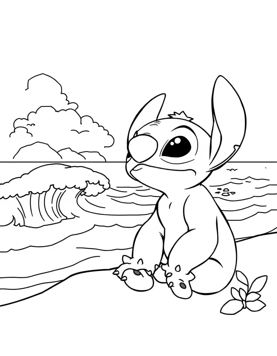 Lilo and Stitch sitting by the ocean, watching the waves.