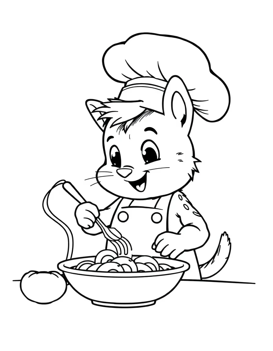 Remy cooking a fancy dish, with a tiny chef hat.