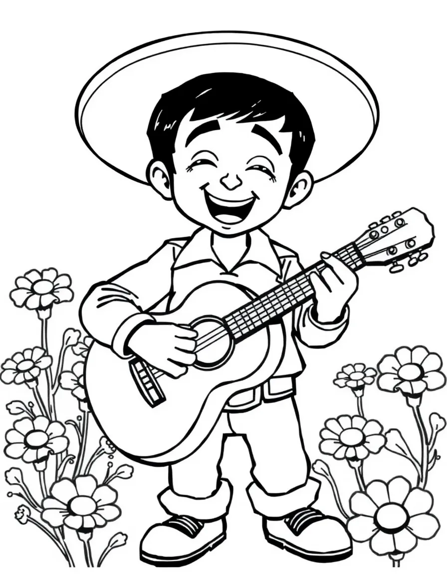 Miguel playing his guitar passionately, with glowing marigolds.