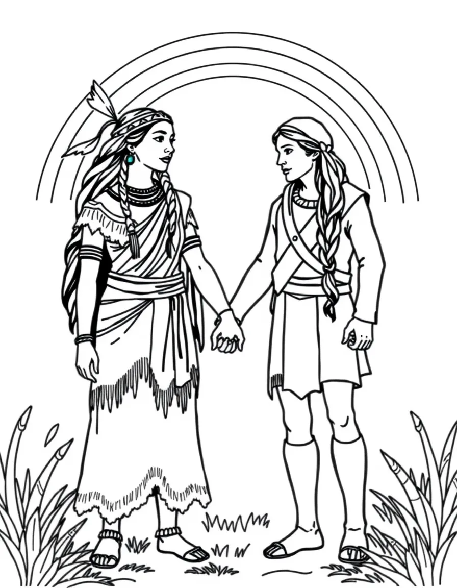 Pocahontas and John Smith holding hands, with a rainbow.