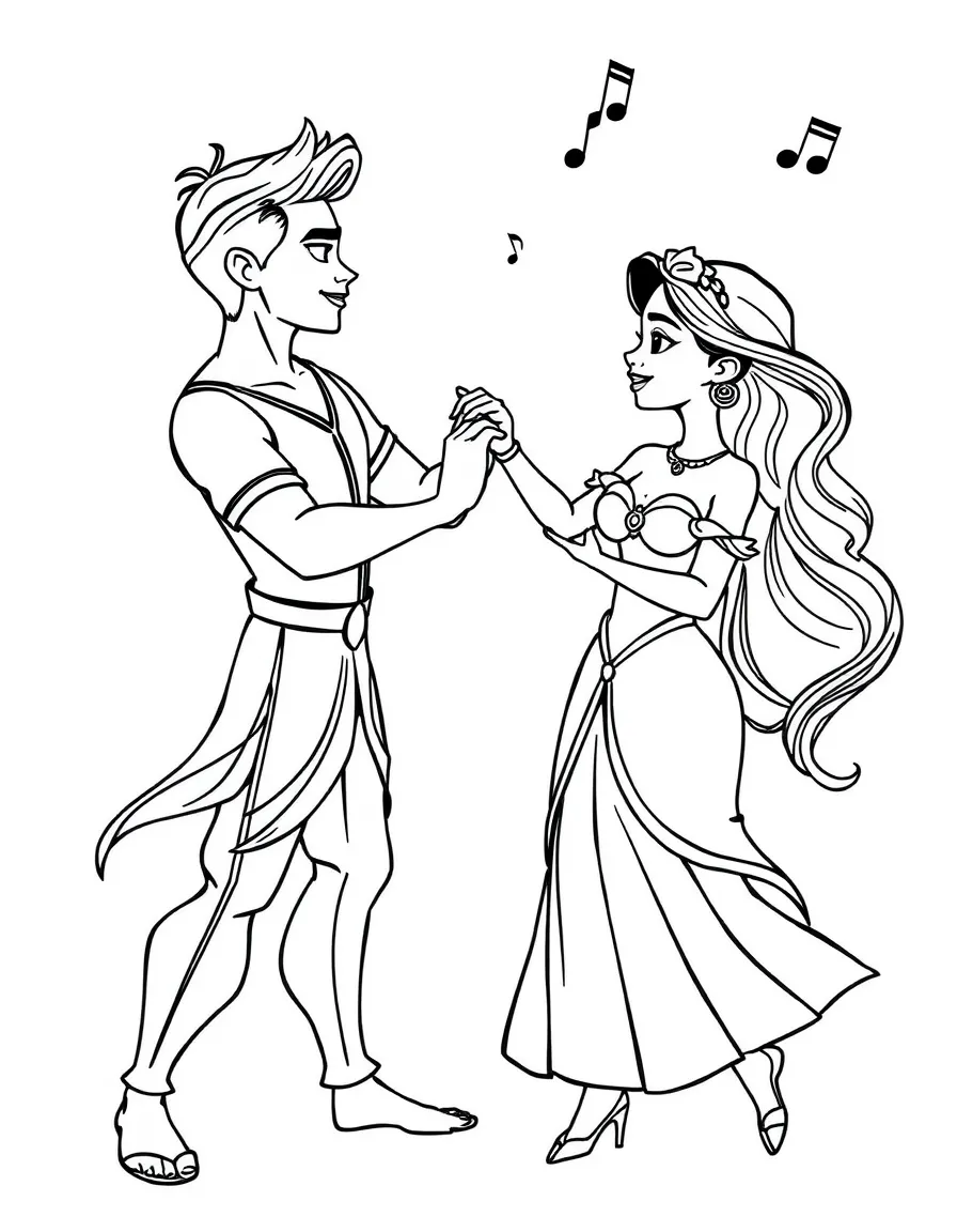Tiana and Naveen dancing as humans, with music notes.
