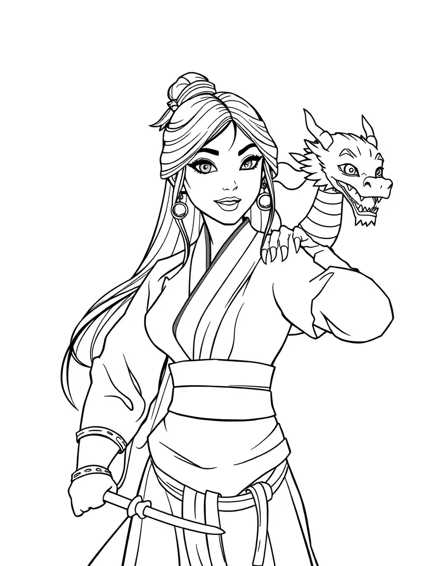 Mulan in warrior attire, with a dragon on her shoulder.