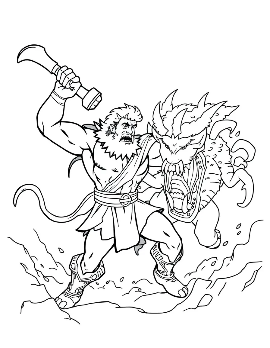Hercules fighting a monster, looking strong.