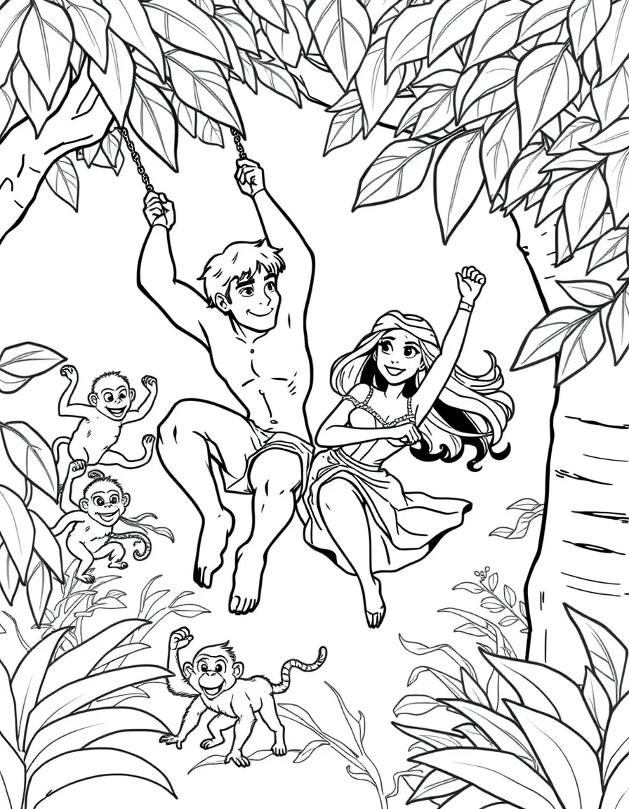 Tarzan and Jane swinging through the trees, with playful monkeys.