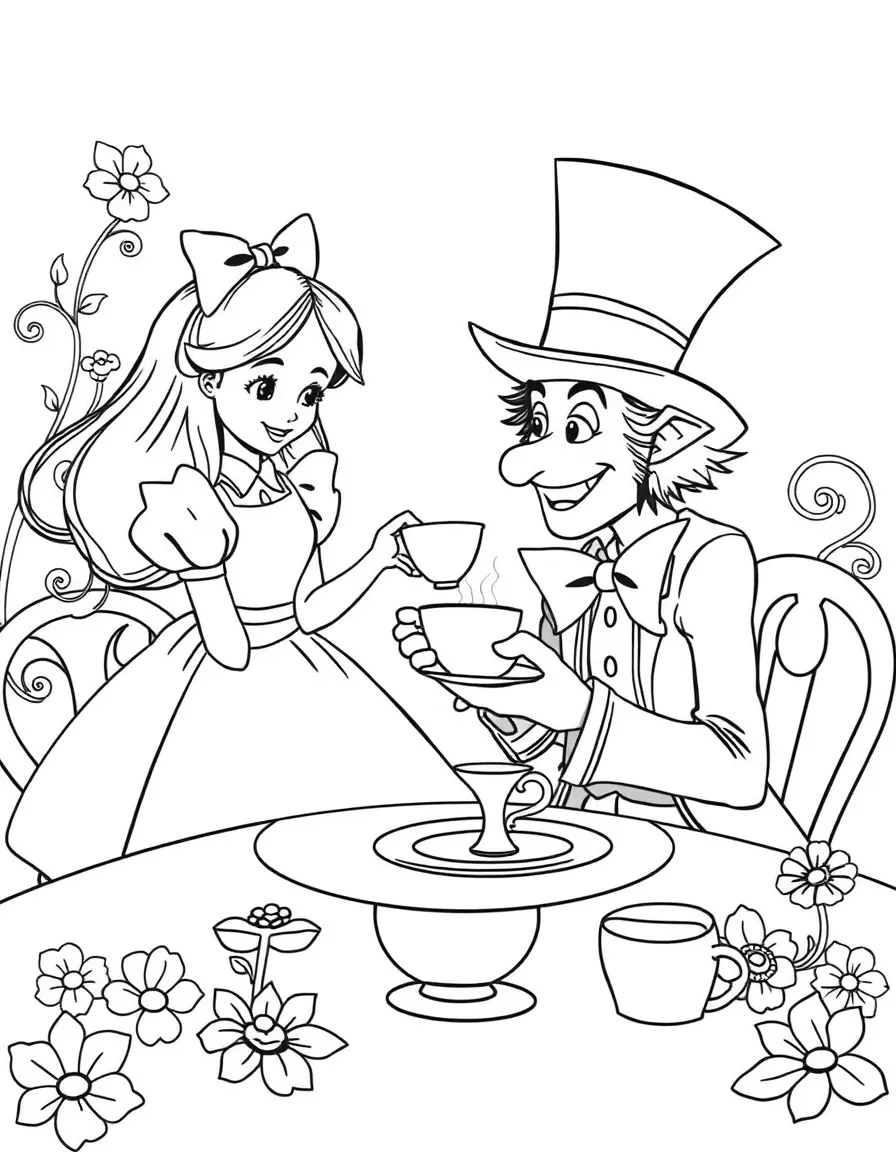 Alice having a tea party with the Mad Hatter.