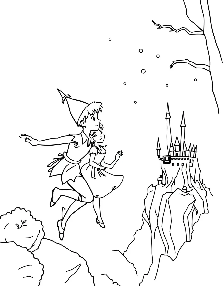 Peter Pan and Wendy flying towards Neverland.