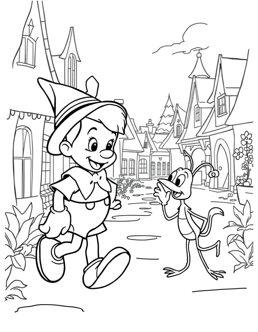 Pinocchio and Jiminy Cricket walking through a town.