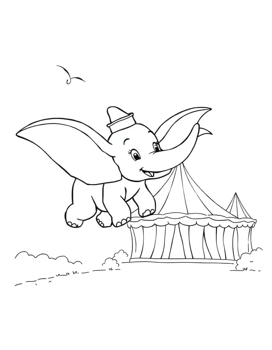 Dumbo flying towards the circus big top.