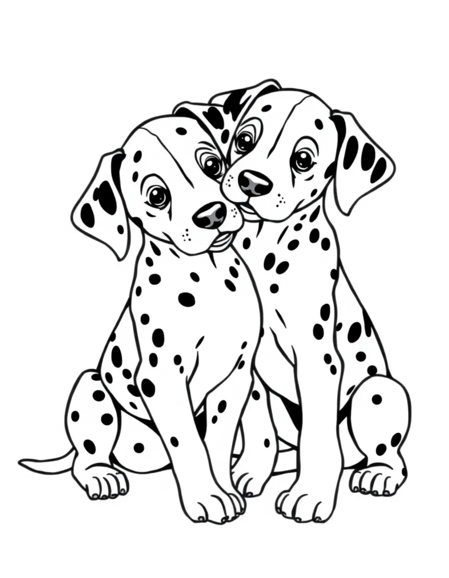 The Dalmatian puppies playing with each other.