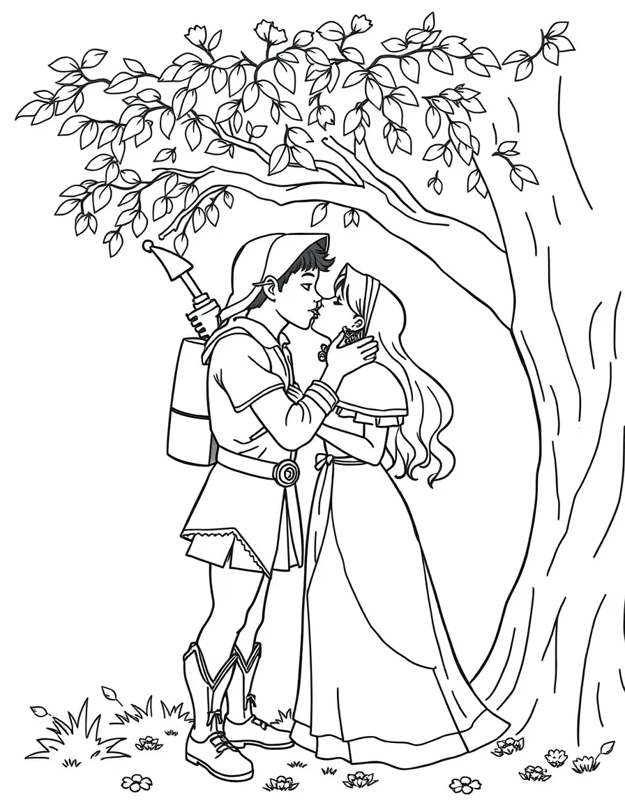 Robin Hood and Maid Marian kissing under a tree.
