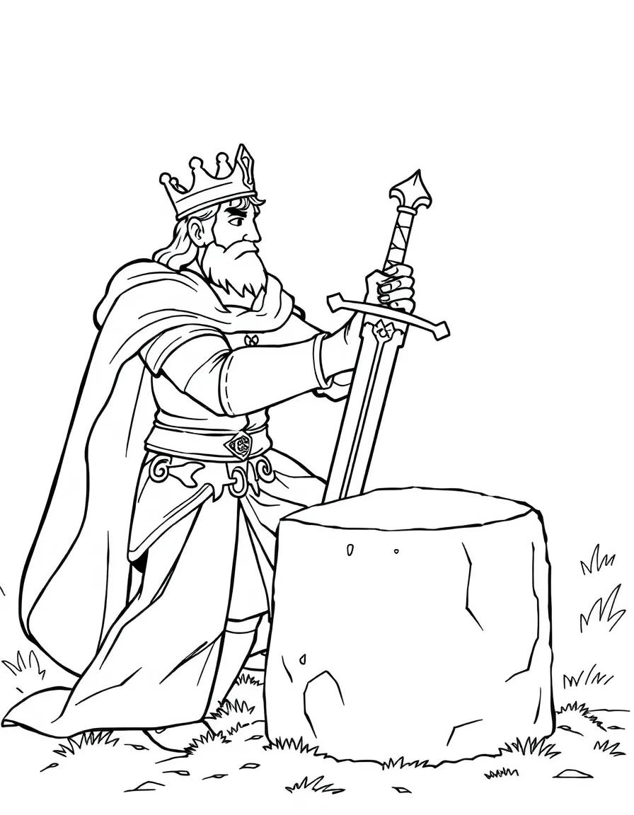 Arthur pulling the sword from the stone, with a crown.