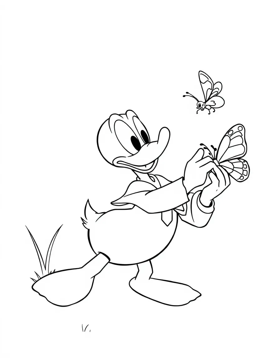 Donald Duck trying to catch a butterfly, looking clumsy.